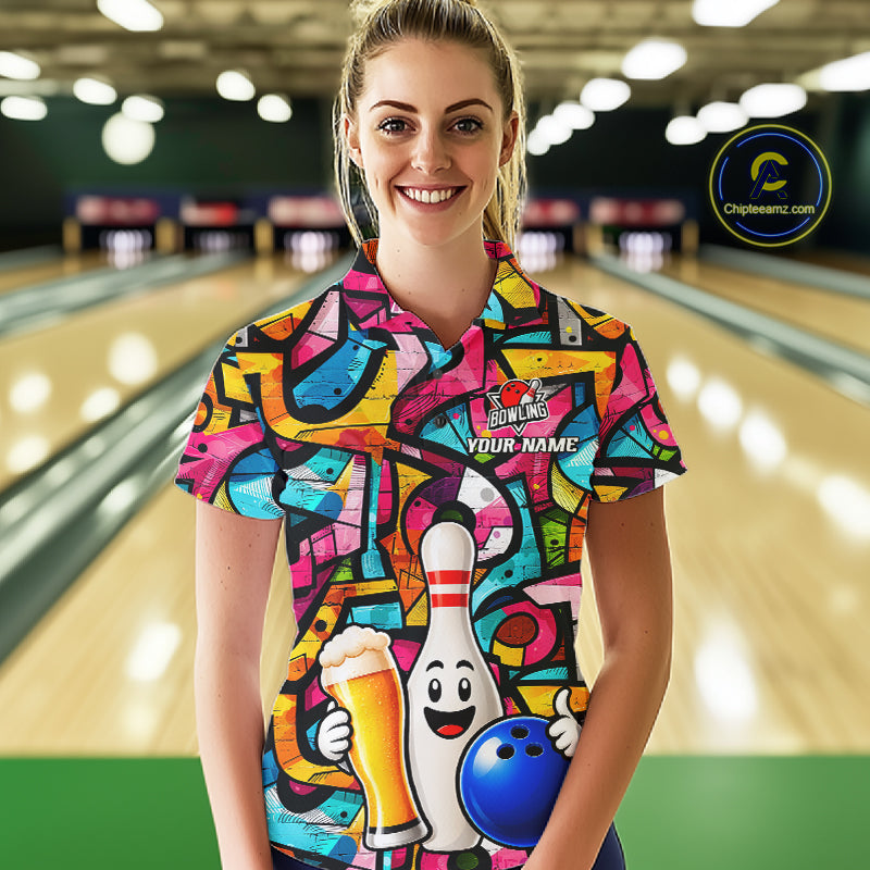 Colorful Graffiti Mens Bowling Polo 1/4-Zip Shirt Custom Funny Beer Bowling Team League Jersey NYN4503