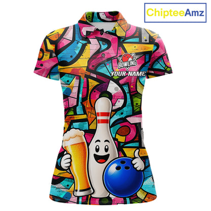 Colorful Graffiti Mens Bowling Polo 1/4-Zip Shirt Custom Funny Beer Bowling Team League Jersey NYN4503