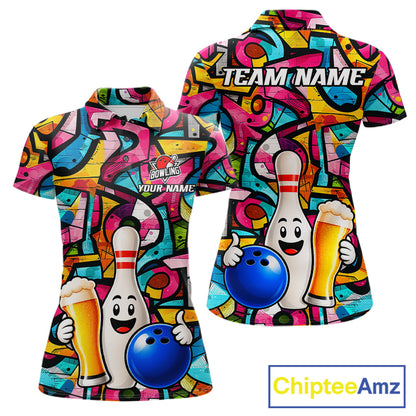 Colorful Graffiti Mens Bowling Polo 1/4-Zip Shirt Custom Funny Beer Bowling Team League Jersey NYN4503