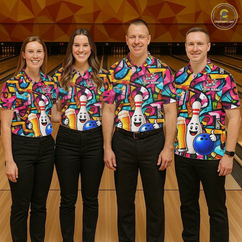 Colorful Graffiti Women Bowling Polo 1/4-Zip Shirt Custom Funny Beer Bowling Team League Jersey NYN4503