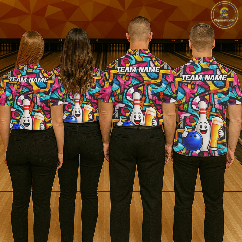 Colorful Graffiti Women Bowling Polo 1/4-Zip Shirt Custom Funny Beer Bowling Team League Jersey NYN4503