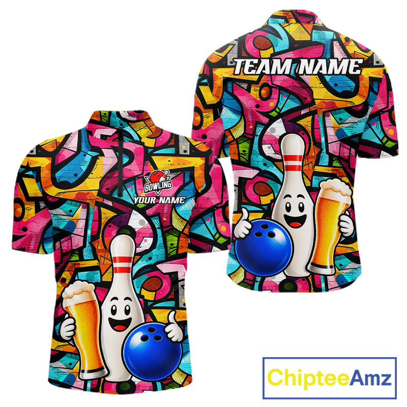 Colorful Graffiti Women Bowling Polo 1/4-Zip Shirt Custom Funny Beer Bowling Team League Jersey NYN4503