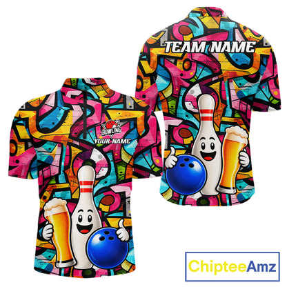Colorful Graffiti Women Bowling Polo 1/4-Zip Shirt Custom Funny Beer Bowling Team League Jersey NYN4503