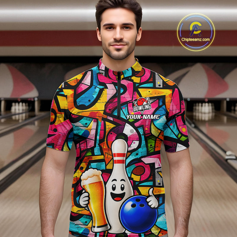 Colorful Graffiti Women Bowling Polo 1/4-Zip Shirt Custom Funny Beer Bowling Team League Jersey NYN4503