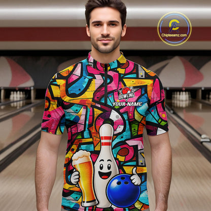 Colorful Graffiti Women Bowling Polo 1/4-Zip Shirt Custom Funny Beer Bowling Team League Jersey NYN4503