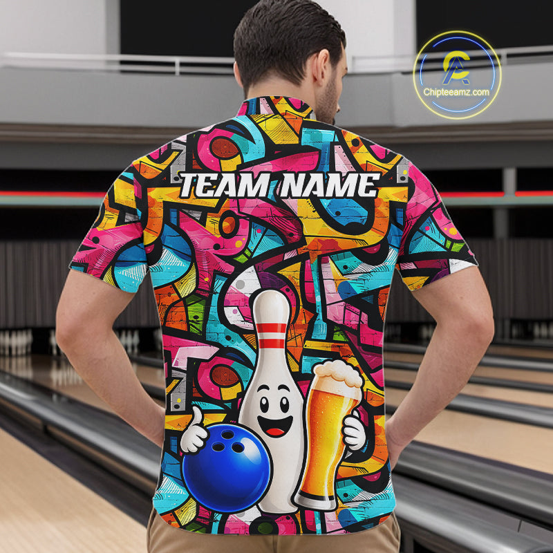 Colorful Graffiti Women Bowling Polo 1/4-Zip Shirt Custom Funny Beer Bowling Team League Jersey NYN4503