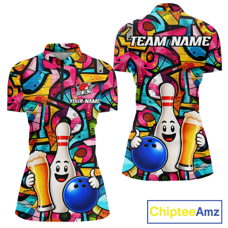 Colorful Graffiti Mens Bowling Polo 1/4-Zip Shirt Custom Funny Beer Bowling Team League Jersey NYN4503