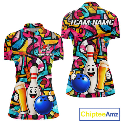 Colorful Graffiti Mens Bowling Polo 1/4-Zip Shirt Custom Funny Beer Bowling Team League Jersey NYN4503