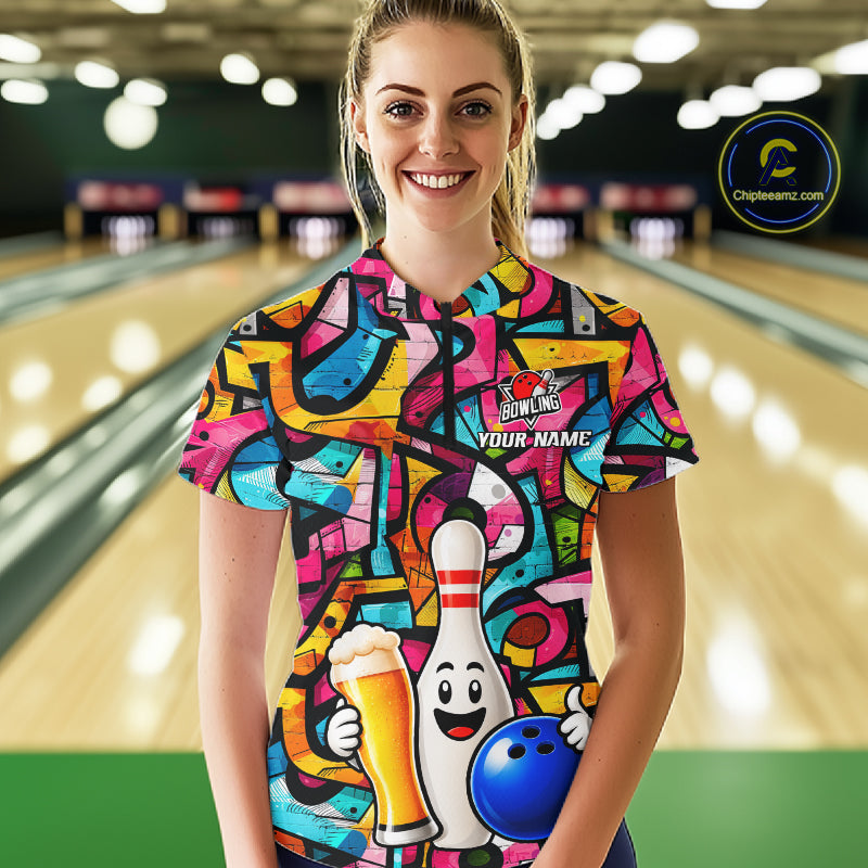 Colorful Graffiti Mens Bowling Polo 1/4-Zip Shirt Custom Funny Beer Bowling Team League Jersey NYN4503