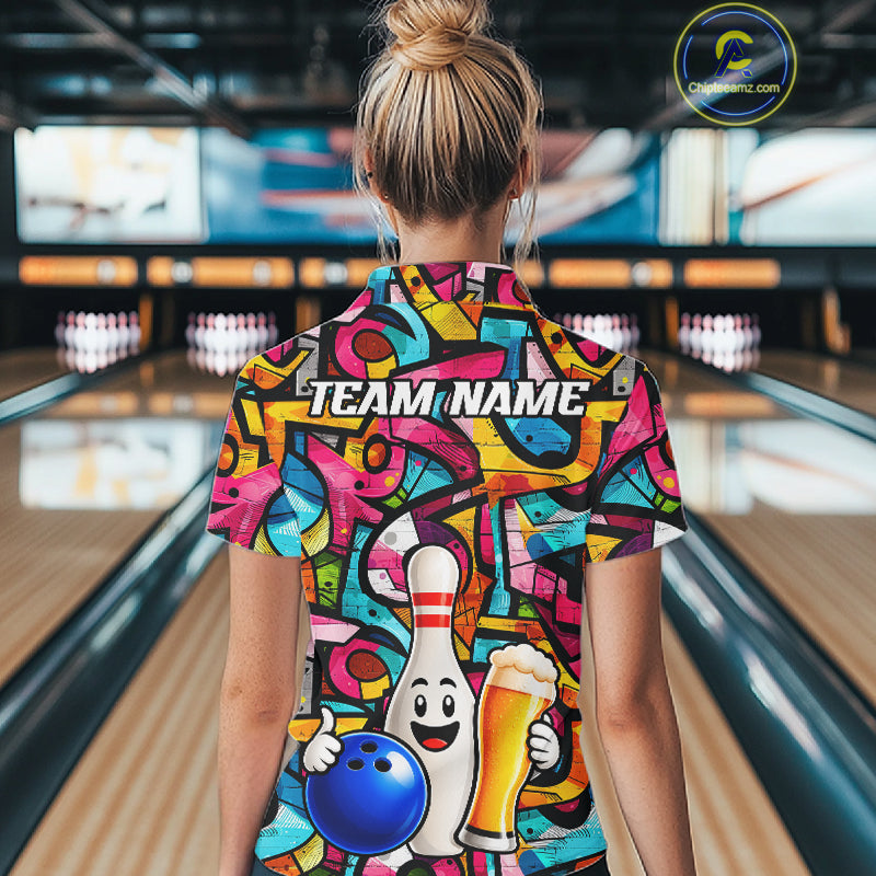 Colorful Graffiti Mens Bowling Polo 1/4-Zip Shirt Custom Funny Beer Bowling Team League Jersey NYN4503