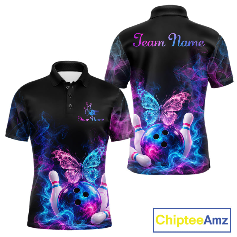 Custom Butterfly Bowling Polo 1/4-Zip Shirt For Women Glowing Purple Blue Smoke Butterfly Bowling Team Jersey NYN4505