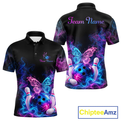 Custom Butterfly Bowling Polo 1/4-Zip Shirt For Women Glowing Purple Blue Smoke Butterfly Bowling Team Jersey NYN4505