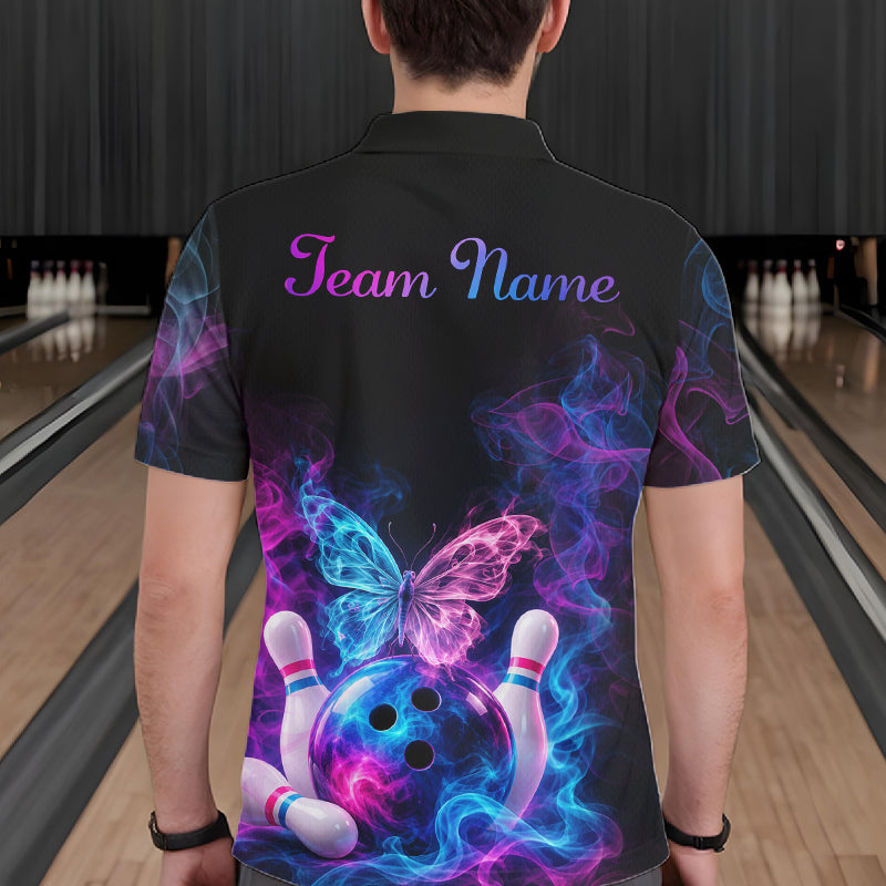 Custom Butterfly Bowling Polo 1/4-Zip Shirt For Women Glowing Purple Blue Smoke Butterfly Bowling Team Jersey NYN4505