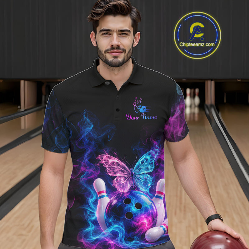 Custom Butterfly Bowling Polo 1/4-Zip Shirt For Women Glowing Purple Blue Smoke Butterfly Bowling Team Jersey NYN4505