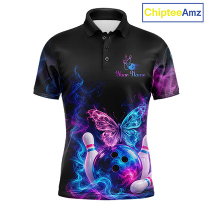 Custom Butterfly Bowling Polo 1/4-Zip Shirt For Women Glowing Purple Blue Smoke Butterfly Bowling Team Jersey NYN4505