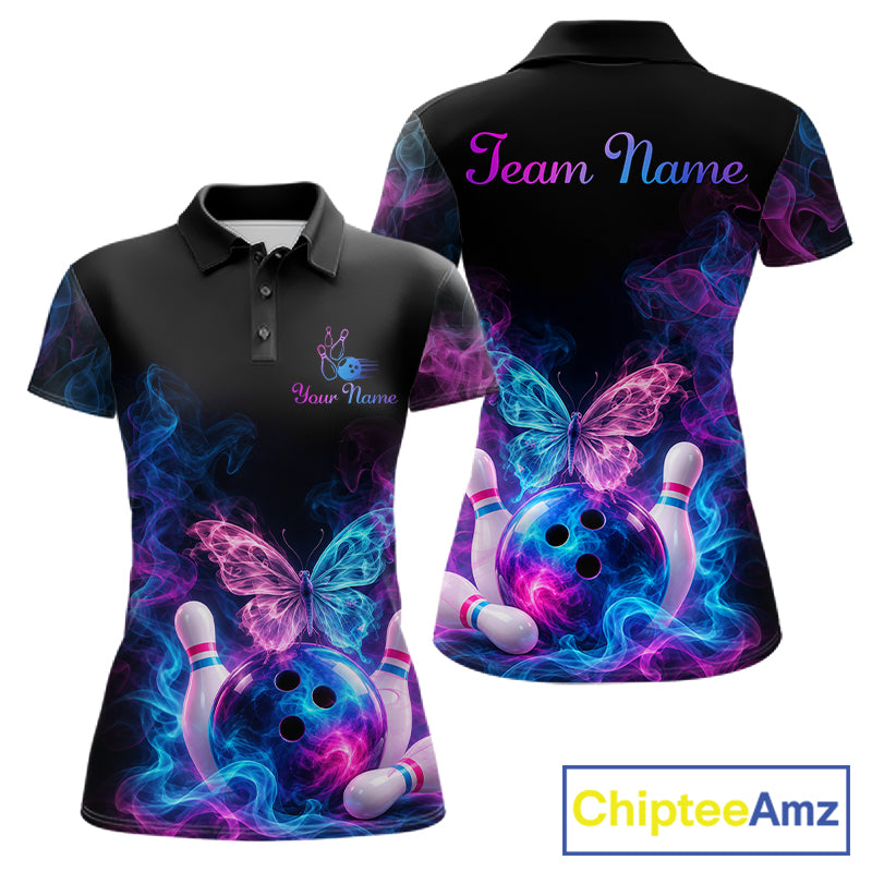 Custom Butterfly Bowling Polo 1/4-Zip Shirt For Men Glowing Purple Blue Smoke Butterfly Bowling Team Jersey NYN4505
