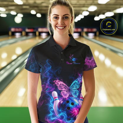 Custom Butterfly Bowling Polo 1/4-Zip Shirt For Men Glowing Purple Blue Smoke Butterfly Bowling Team Jersey NYN4505