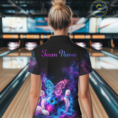Custom Butterfly Bowling Polo 1/4-Zip Shirt For Men Glowing Purple Blue Smoke Butterfly Bowling Team Jersey NYN4505