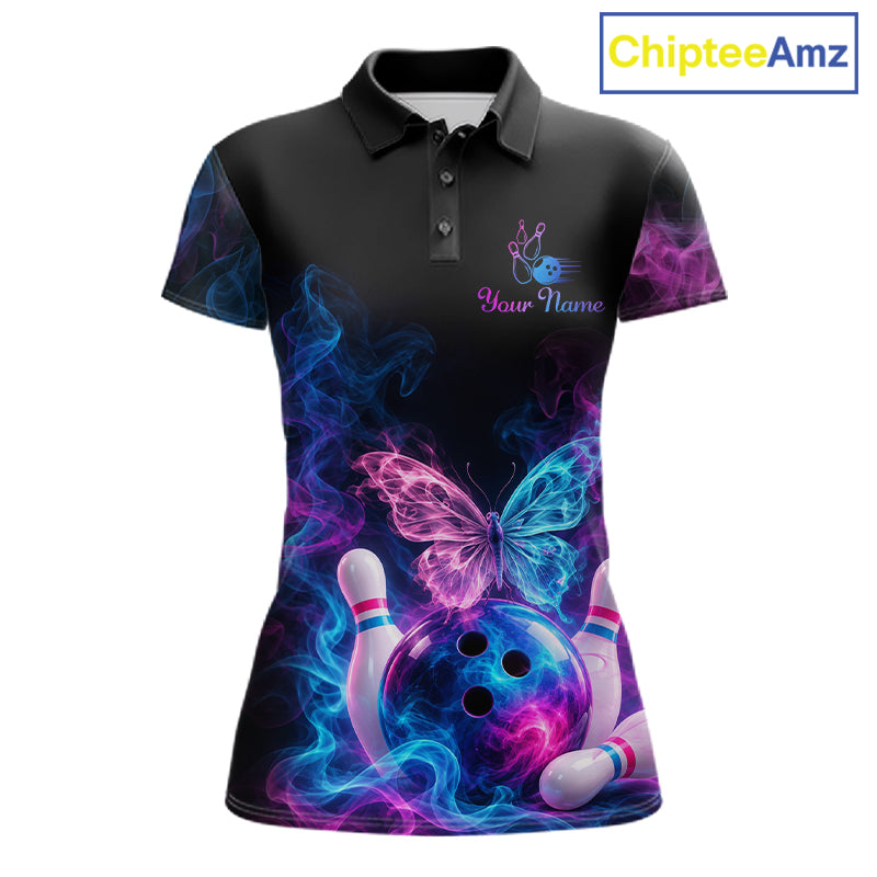 Custom Butterfly Bowling Polo 1/4-Zip Shirt For Men Glowing Purple Blue Smoke Butterfly Bowling Team Jersey NYN4505