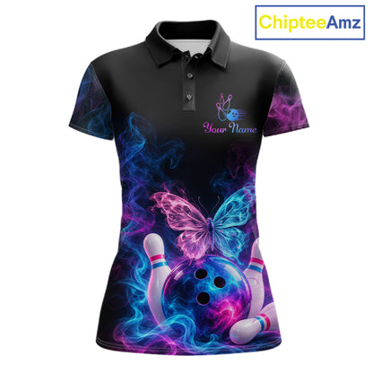 Custom Butterfly Bowling Polo 1/4-Zip Shirt For Men Glowing Purple Blue Smoke Butterfly Bowling Team Jersey NYN4505
