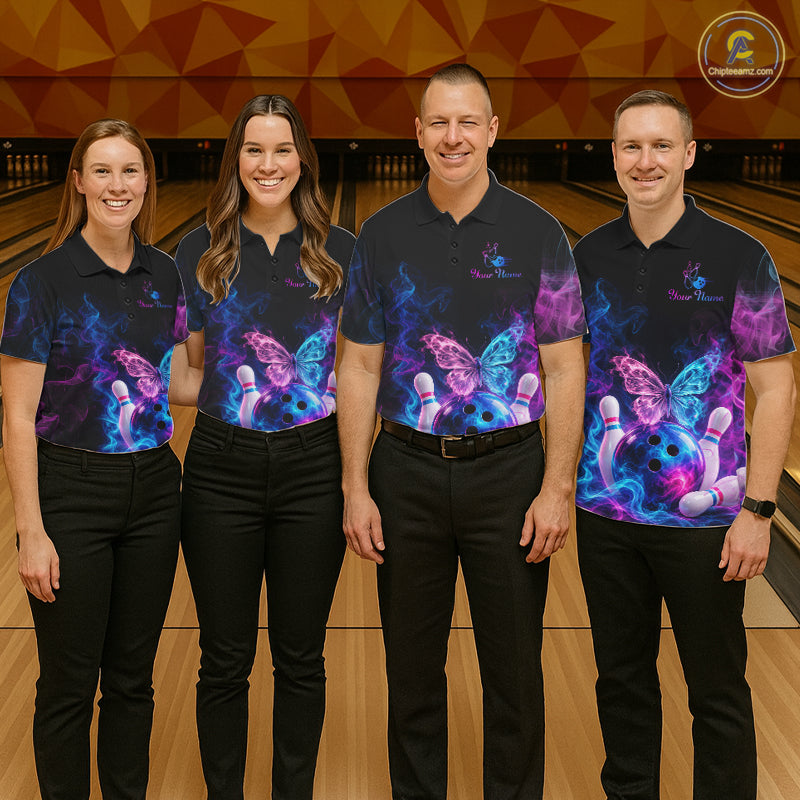 Custom Butterfly Bowling Polo 1/4-Zip Shirt For Men Glowing Purple Blue Smoke Butterfly Bowling Team Jersey NYN4505