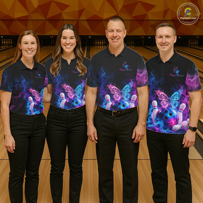 Custom Butterfly Bowling Polo 1/4-Zip Shirt For Men Glowing Purple Blue Smoke Butterfly Bowling Team Jersey NYN4505