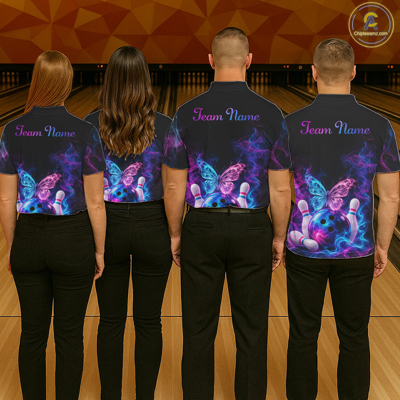 Custom Butterfly Bowling Polo 1/4-Zip Shirt For Women Glowing Purple Blue Smoke Butterfly Bowling Team Jersey NYN4505