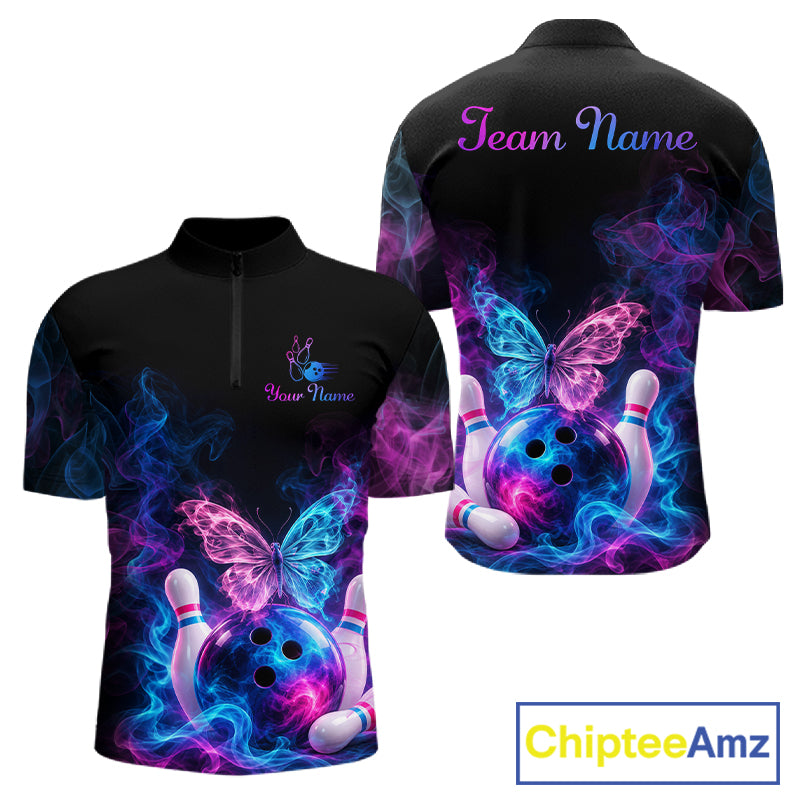 Custom Butterfly Bowling Polo 1/4-Zip Shirt For Women Glowing Purple Blue Smoke Butterfly Bowling Team Jersey NYN4505