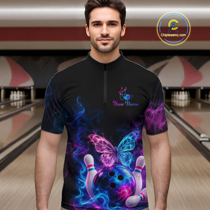 Custom Butterfly Bowling Polo 1/4-Zip Shirt For Women Glowing Purple Blue Smoke Butterfly Bowling Team Jersey NYN4505
