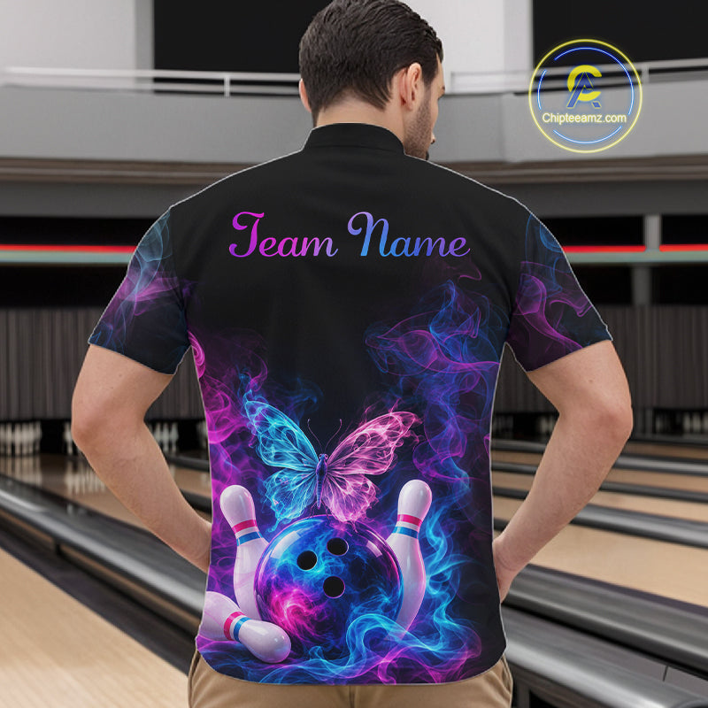 Custom Butterfly Bowling Polo 1/4-Zip Shirt For Women Glowing Purple Blue Smoke Butterfly Bowling Team Jersey NYN4505
