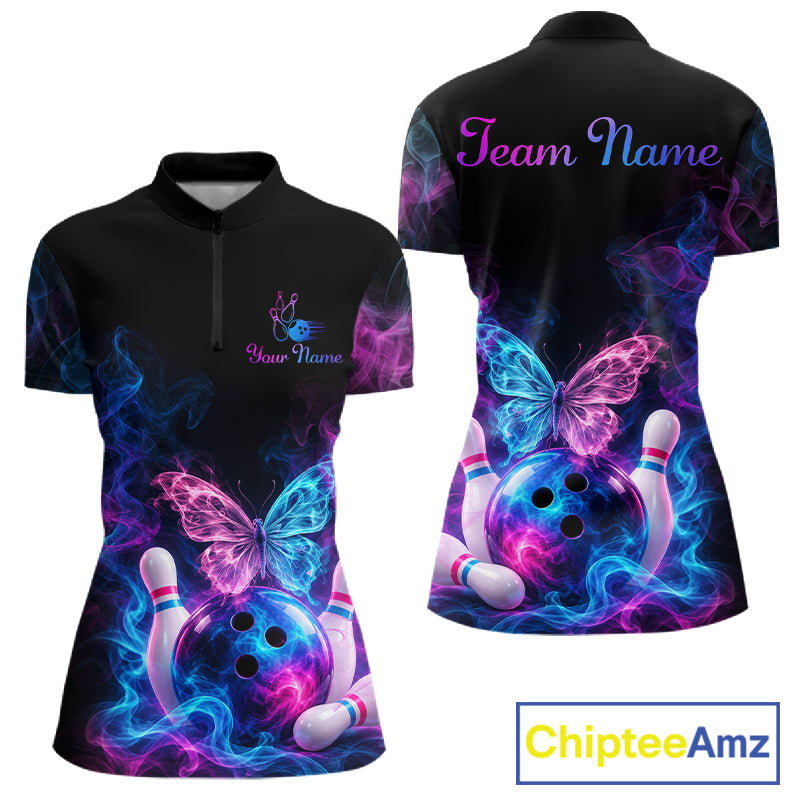 Custom Butterfly Bowling Polo 1/4-Zip Shirt For Men Glowing Purple Blue Smoke Butterfly Bowling Team Jersey NYN4505