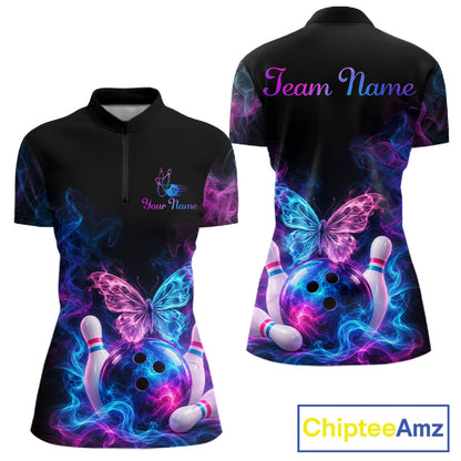 Custom Butterfly Bowling Polo 1/4-Zip Shirt For Men Glowing Purple Blue Smoke Butterfly Bowling Team Jersey NYN4505