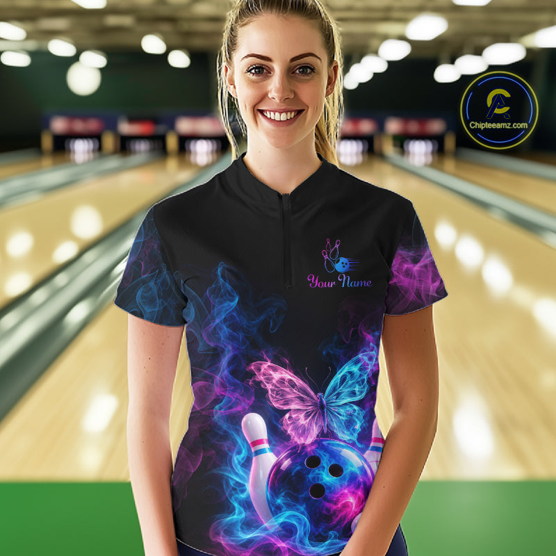 Custom Butterfly Bowling Polo 1/4-Zip Shirt For Men Glowing Purple Blue Smoke Butterfly Bowling Team Jersey NYN4505