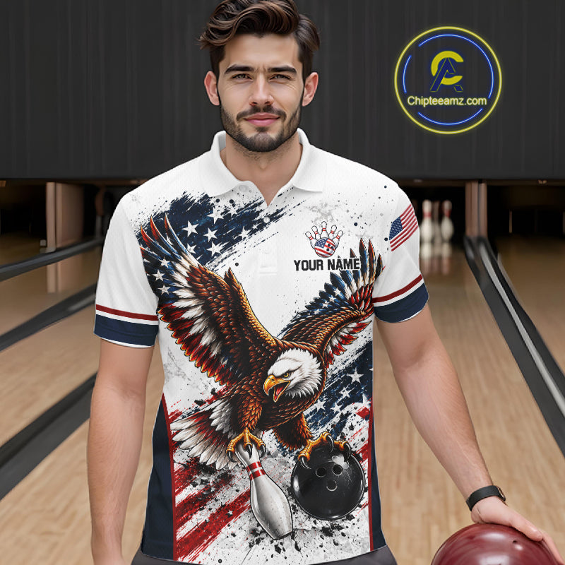 Patriotic Bowling Shirt For Women Custom American Flag Bowling Polo 1/4-Zip Eagle Retro Bowling Jersey NYN4508