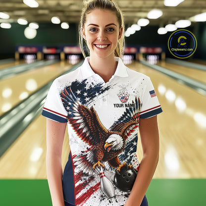 Patriotic Bowling Shirt For Men Custom American Flag Bowling Polo 1/4-Zip Eagle Retro Bowling Jersey NYN4508