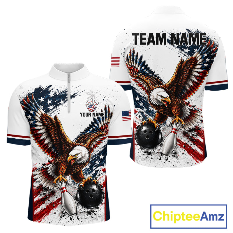 Patriotic Bowling Shirt For Women Custom American Flag Bowling Polo 1/4-Zip Eagle Retro Bowling Jersey NYN4508
