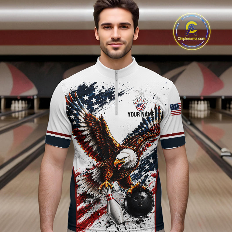 Patriotic Bowling Shirt For Women Custom American Flag Bowling Polo 1/4-Zip Eagle Retro Bowling Jersey NYN4508