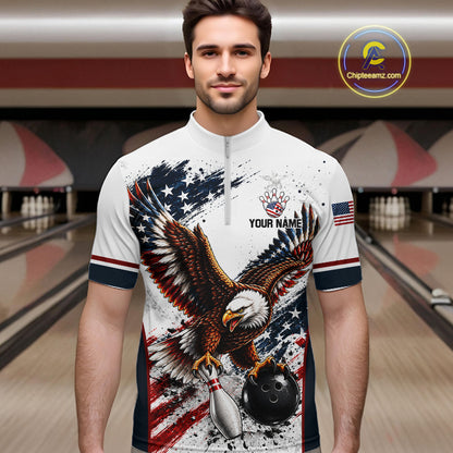 Patriotic Bowling Shirt For Women Custom American Flag Bowling Polo 1/4-Zip Eagle Retro Bowling Jersey NYN4508