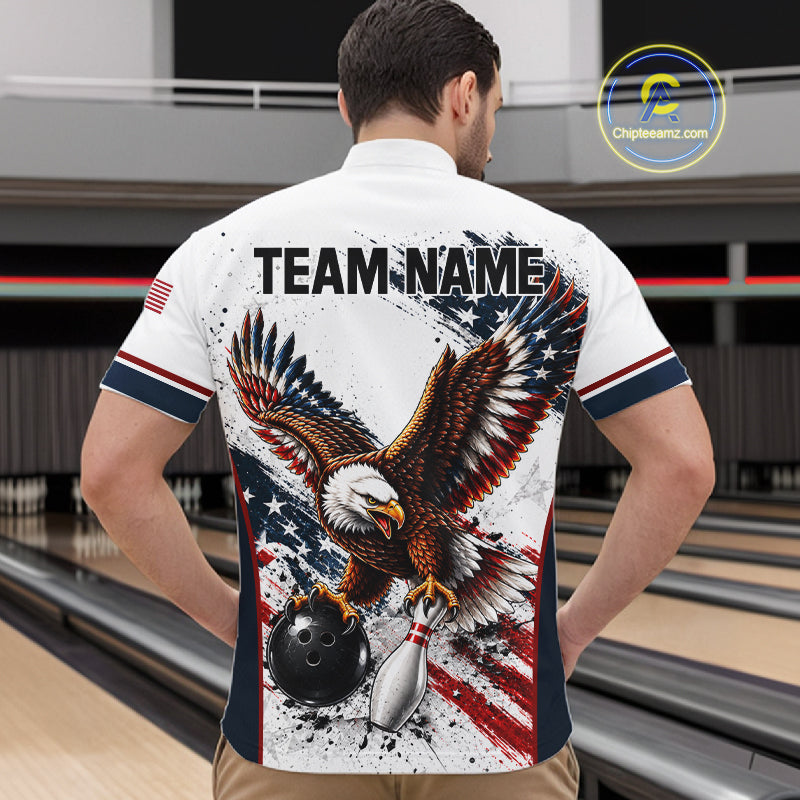 Patriotic Bowling Shirt For Women Custom American Flag Bowling Polo 1/4-Zip Eagle Retro Bowling Jersey NYN4508