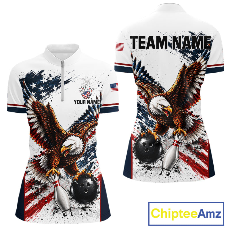 Patriotic Bowling Shirt For Men Custom American Flag Bowling Polo 1/4-Zip Eagle Retro Bowling Jersey NYN4508