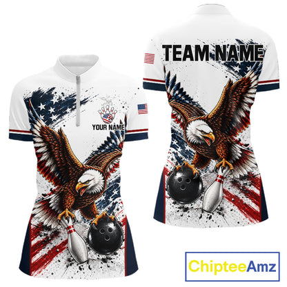 Patriotic Bowling Shirt For Men Custom American Flag Bowling Polo 1/4-Zip Eagle Retro Bowling Jersey NYN4508
