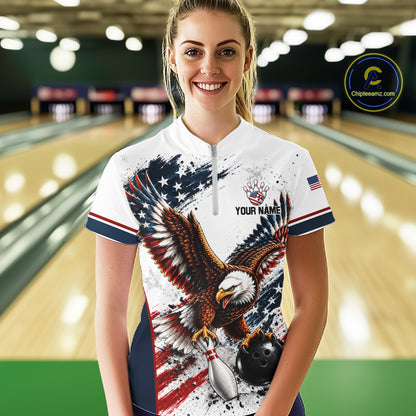 Patriotic Bowling Shirt For Men Custom American Flag Bowling Polo 1/4-Zip Eagle Retro Bowling Jersey NYN4508
