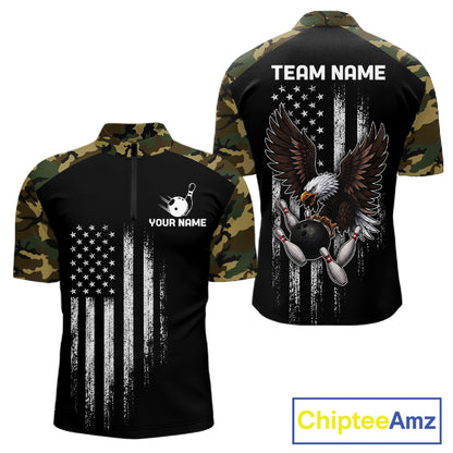 Patriotic USA Flag Darts Polo 1/4-Zip Shirt For Women Custom Green Military Camouflage Darts Team Jersey NYN4513