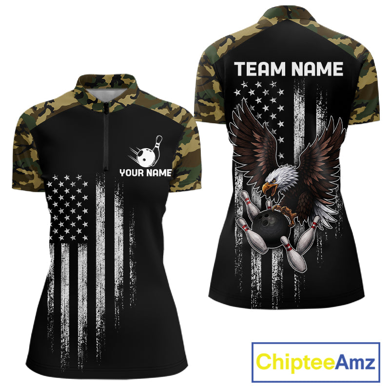 Patriotic USA Flag Darts Polo 1/4-Zip Shirt For Men Custom Green Military Camouflage Darts Team Jersey NYN4513