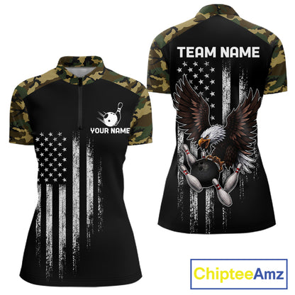 Patriotic USA Flag Darts Polo 1/4-Zip Shirt For Men Custom Green Military Camouflage Darts Team Jersey NYN4513