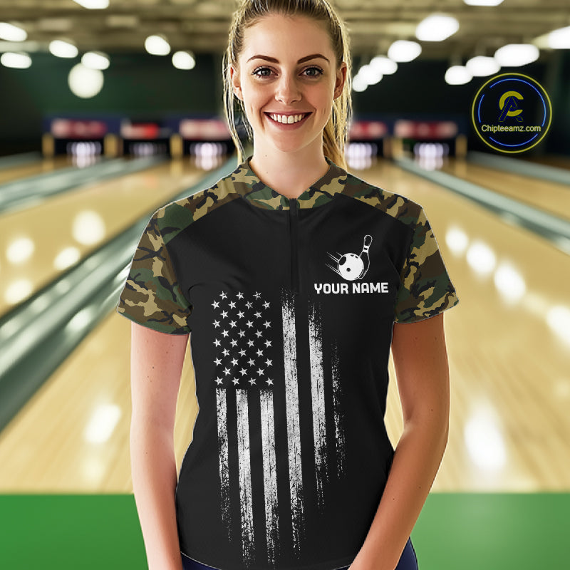 Patriotic USA Flag Darts Polo 1/4-Zip Shirt For Men Custom Green Military Camouflage Darts Team Jersey NYN4513