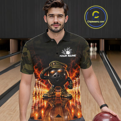 Military Camo Bowling  Polo 1/4-Zip Shirt For Men Personalized Fire Bowling Pins Bowling Team Jersey NYN4859