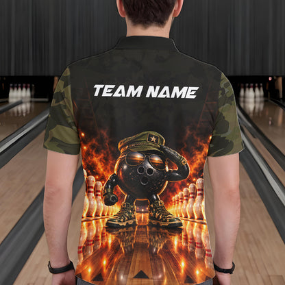 Military Camo Bowling  Polo 1/4-Zip Shirt For Men Personalized Fire Bowling Pins Bowling Team Jersey NYN4859