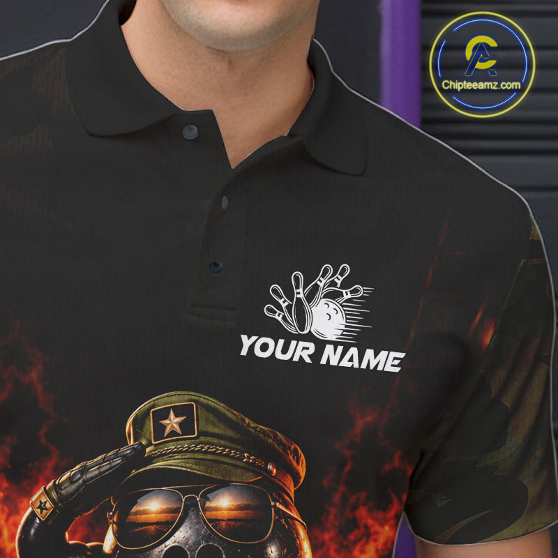 Military Camo Bowling  Polo 1/4-Zip Shirt For Men Personalized Fire Bowling Pins Bowling Team Jersey NYN4859