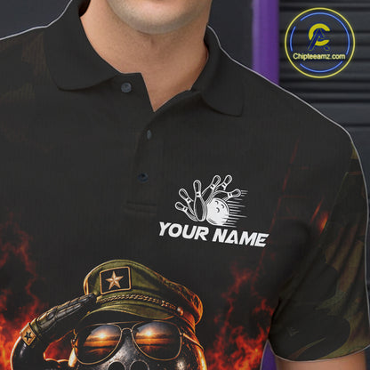 Military Camo Bowling  Polo 1/4-Zip Shirt For Men Personalized Fire Bowling Pins Bowling Team Jersey NYN4859